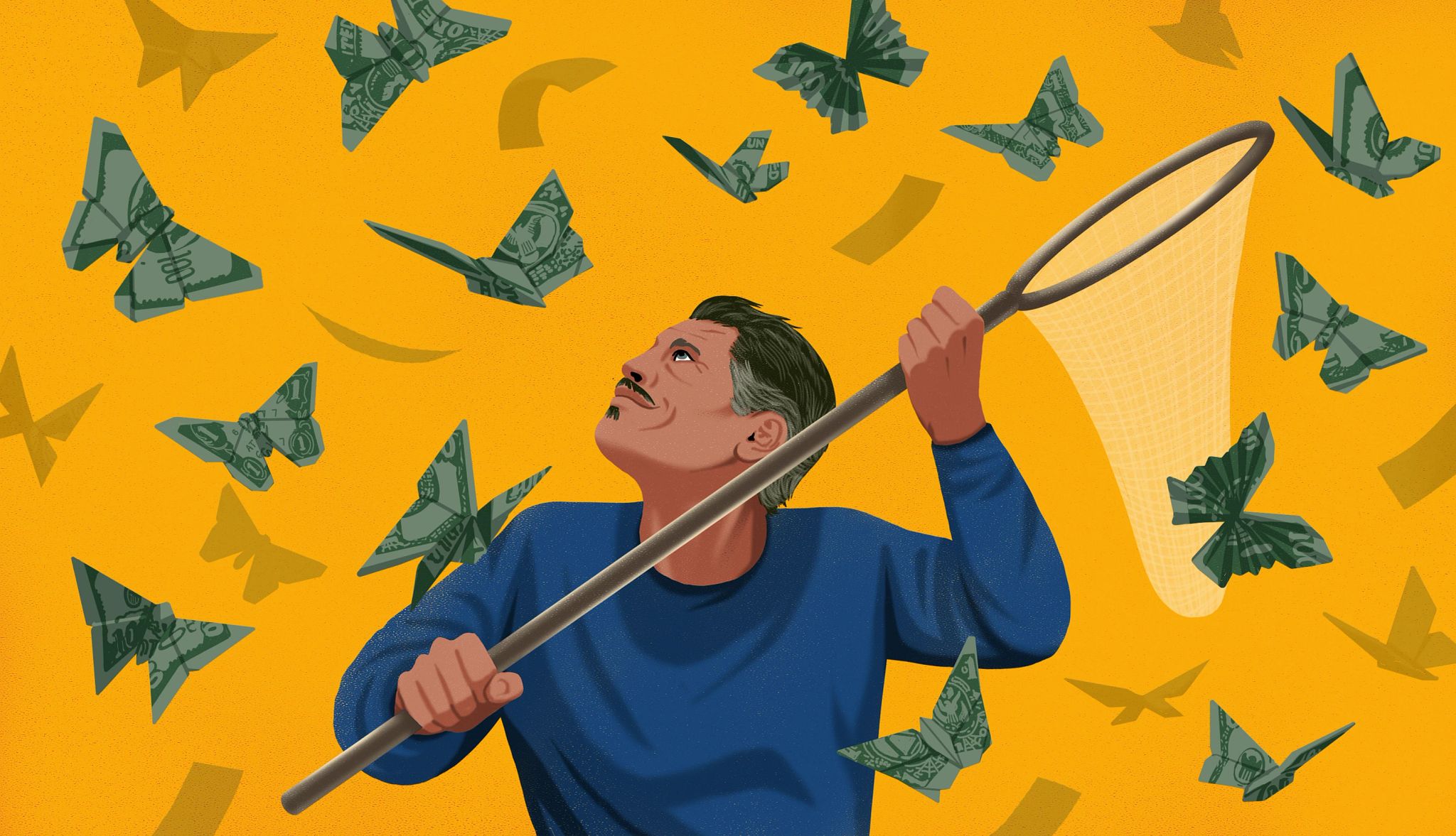 Make Money in Retirement a man with a net catching flying dollar bills
