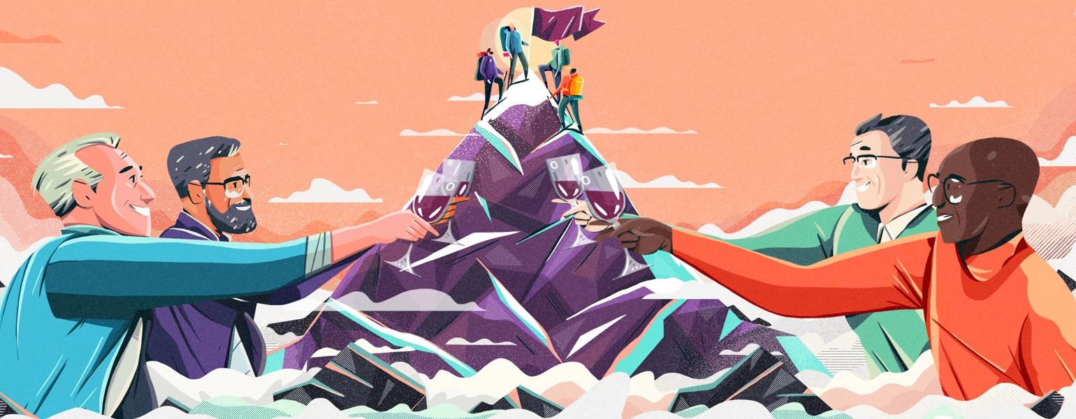 illustration of four men drinking wine with a mountain in the background and them hiking