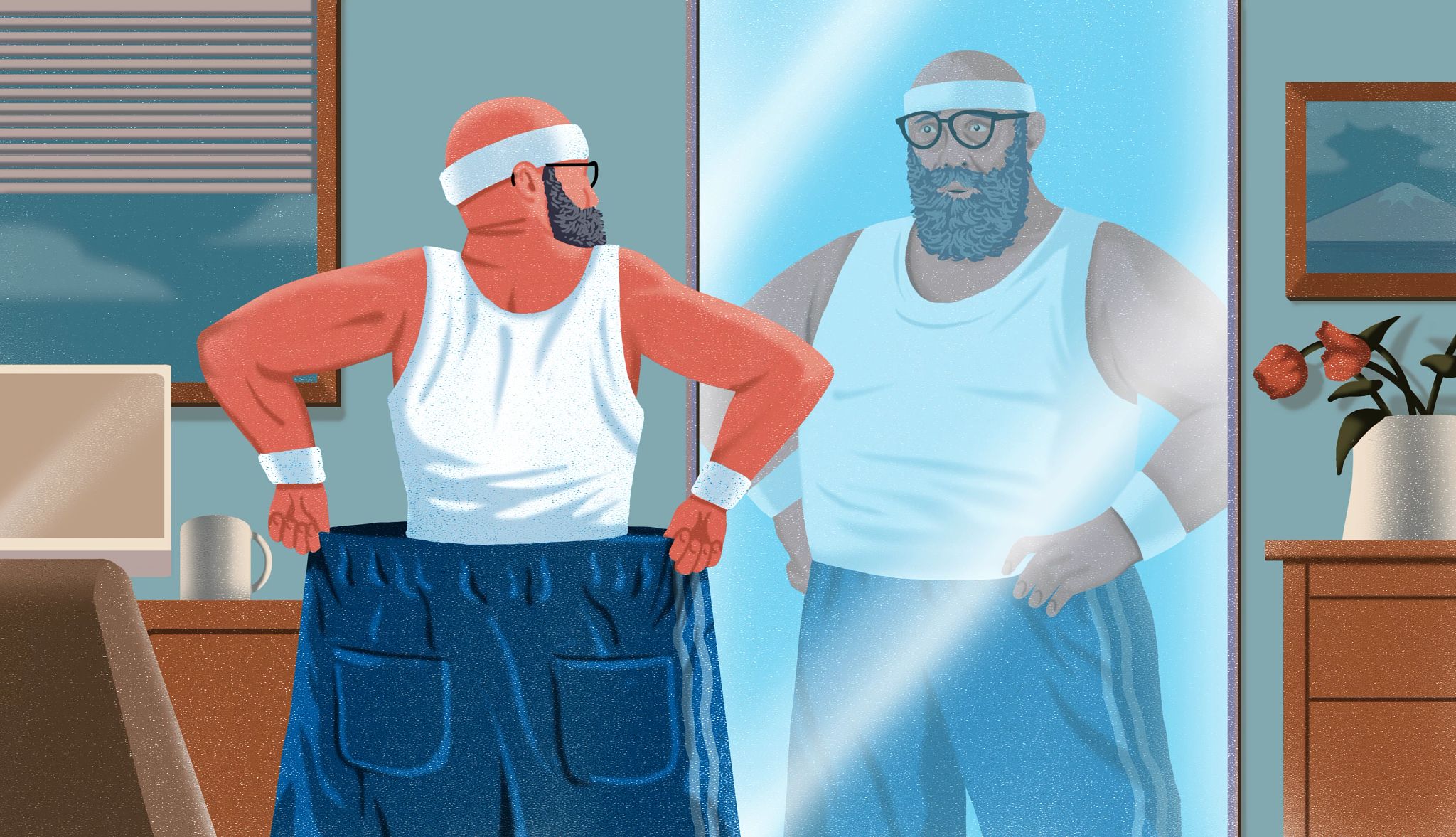 What It Feels Like to Take Weight Loss Drugs weight loss in mirror illustration