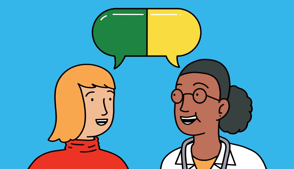 two people talking with a pill acting as a conversation bubble