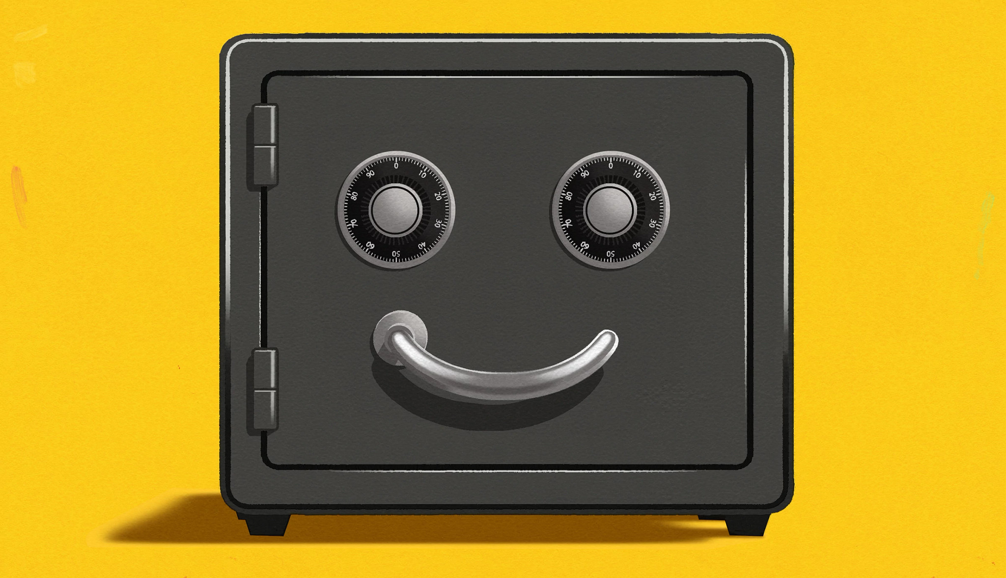 A safe with two combination dials and a handle arranged like a smiley face.