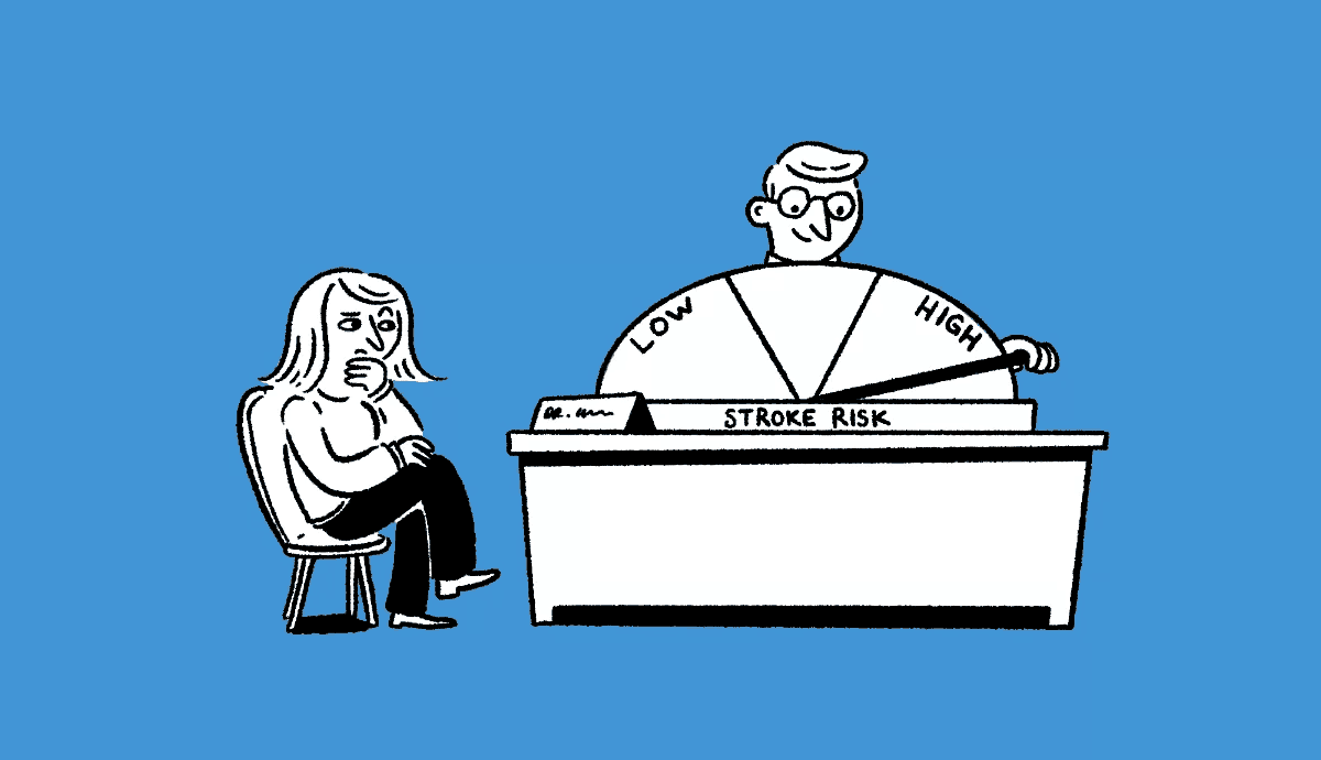 illustration on a blue background shows an older woman sitting in a chair with a concerned expression, looking toward a doctor who is adjusting a large gauge on his desk labeled "Stroke Risk" that ranges from "Low" to "High."