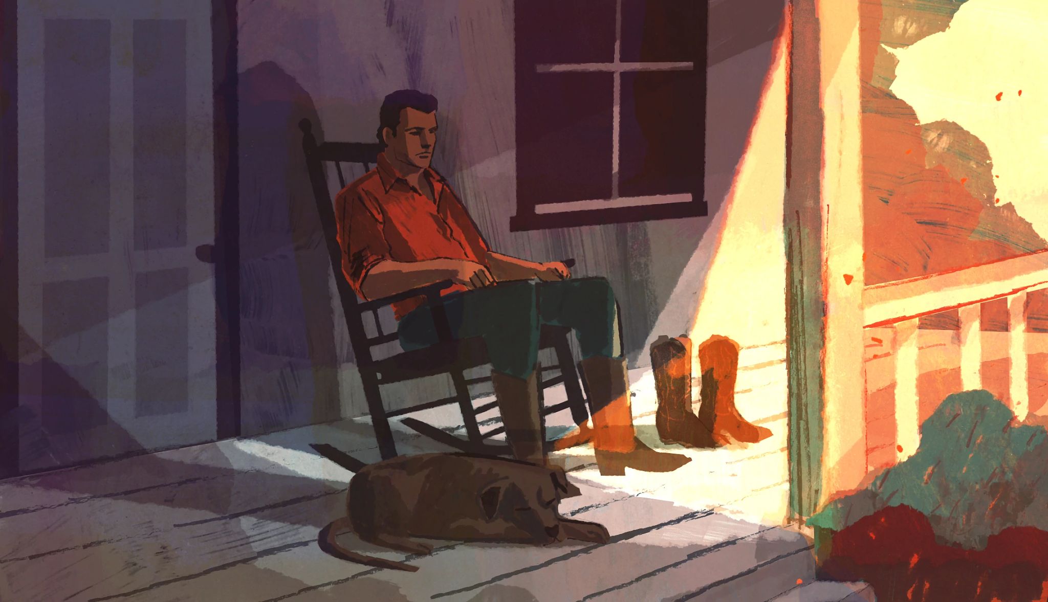 ‘The Longest Ride’ Chapters 4-6 Illustration depicting Luke Collins sitting in a rocking chair on the front porch of his home, his dog at his feet, next to a pair of cowboy boots
