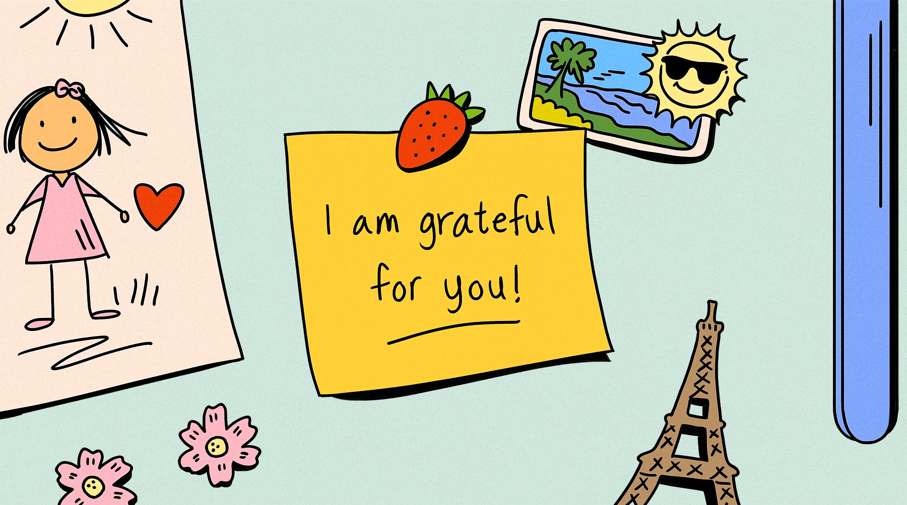 yellow sticky note pinned to a light green background reads "I am grateful for you!"