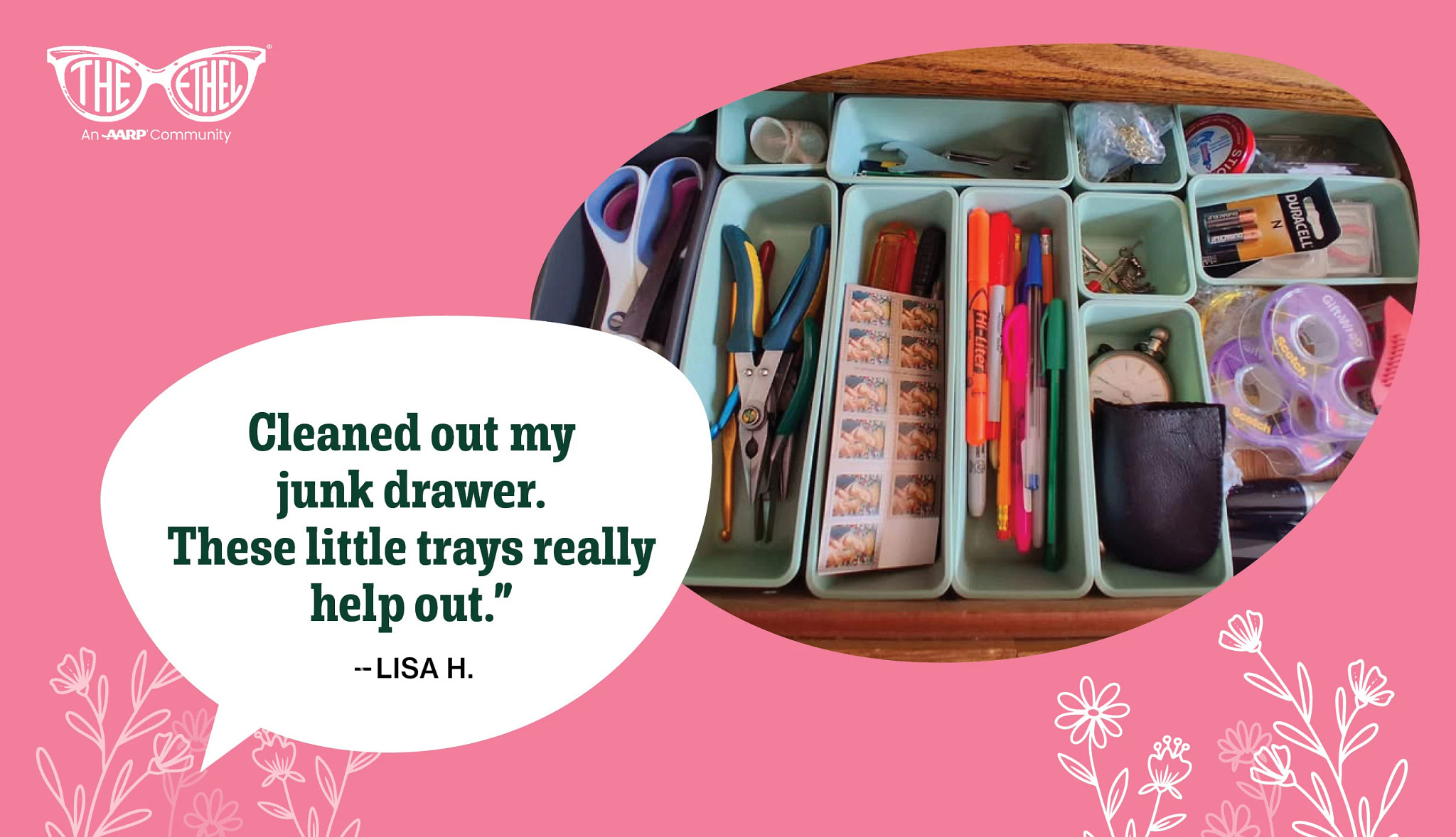 Open drawer with mint-green organizer trays holding scissors, pens, stamps, batteries, tape, and small household items, alongside a quote about cleaning out a junk drawer