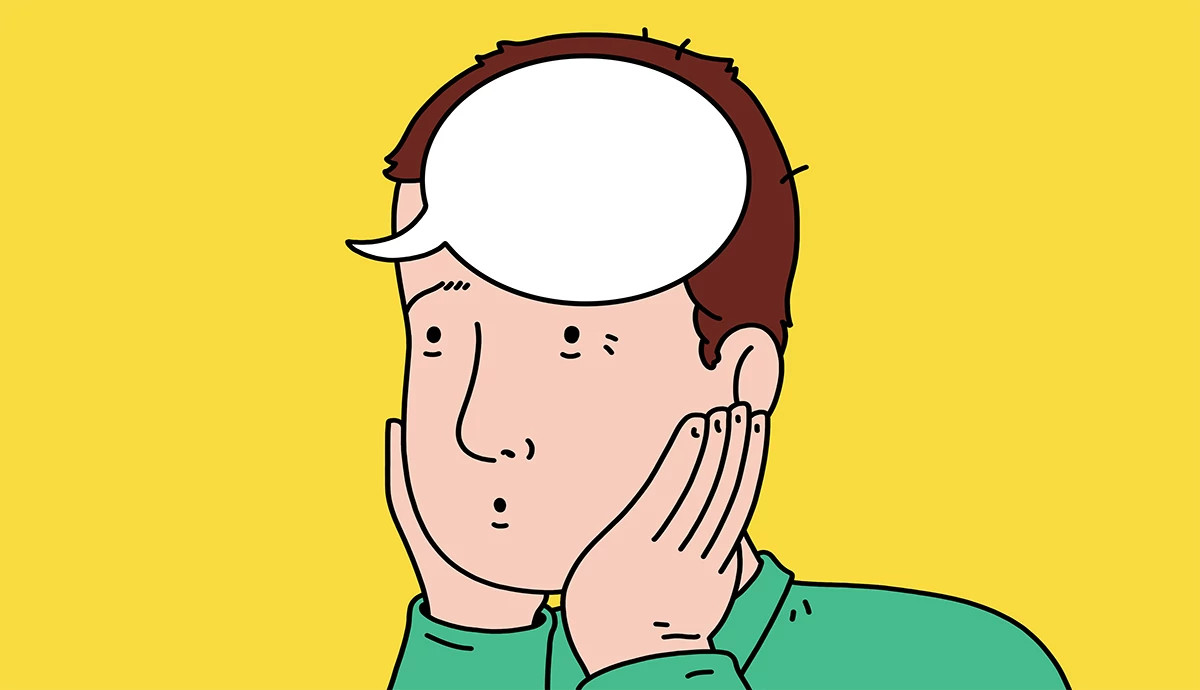 an illustration shows a man with his face in his hands and an empty speech balloon on his brow