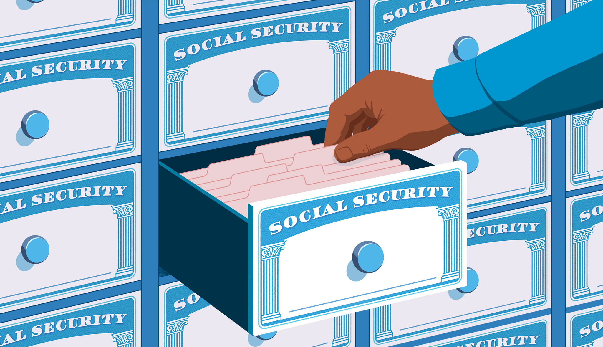 A hand grabs a file from a cabinet. The cabinet has a picture of a Social Security card.