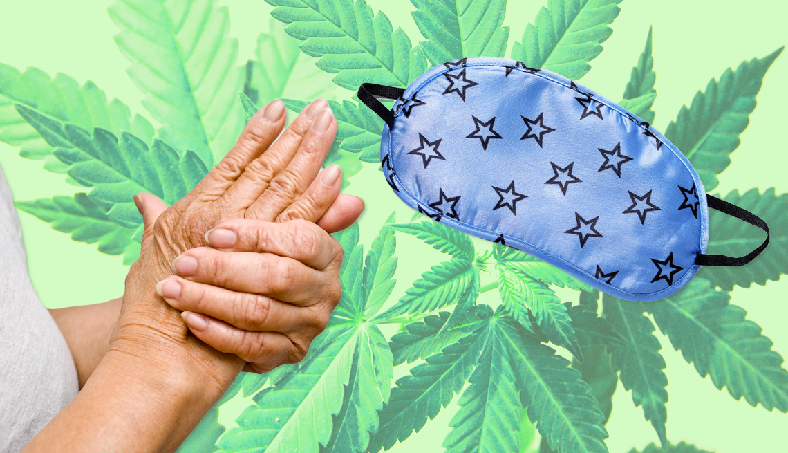 Cannabis Use in Older Adults hands rubbing together and a sleep mask on a cannabis leaf background
