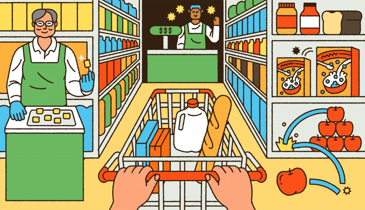 A shopper pushes a cart through a grocery store full of distractions