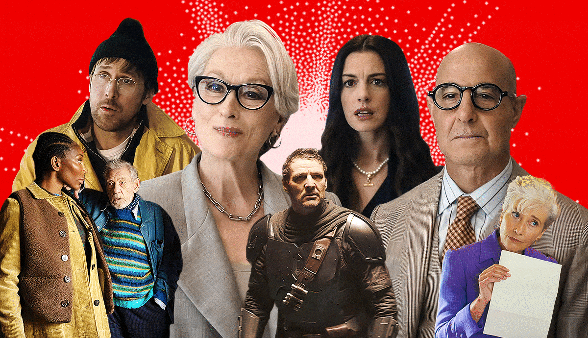 a collage with characters from the christophers, project hail mary, the devil wears prada 2, the mandalorian and grogu and the sheep detectives