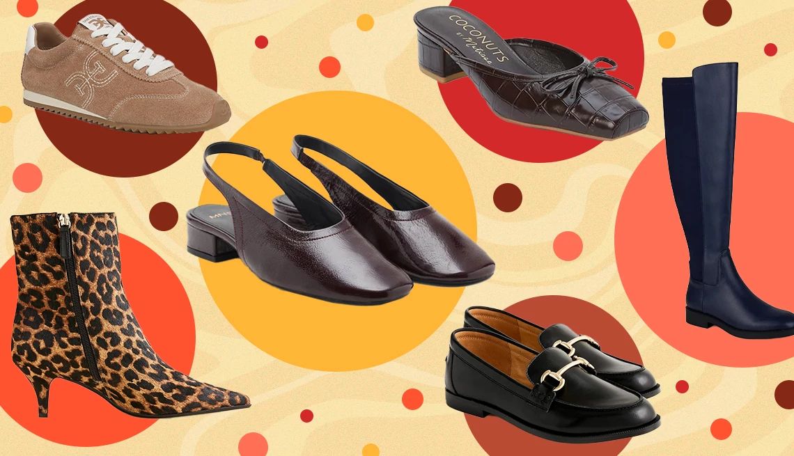 Fall Footwear Picks for Women a collage showing fashionable shoes in front of colorful circles