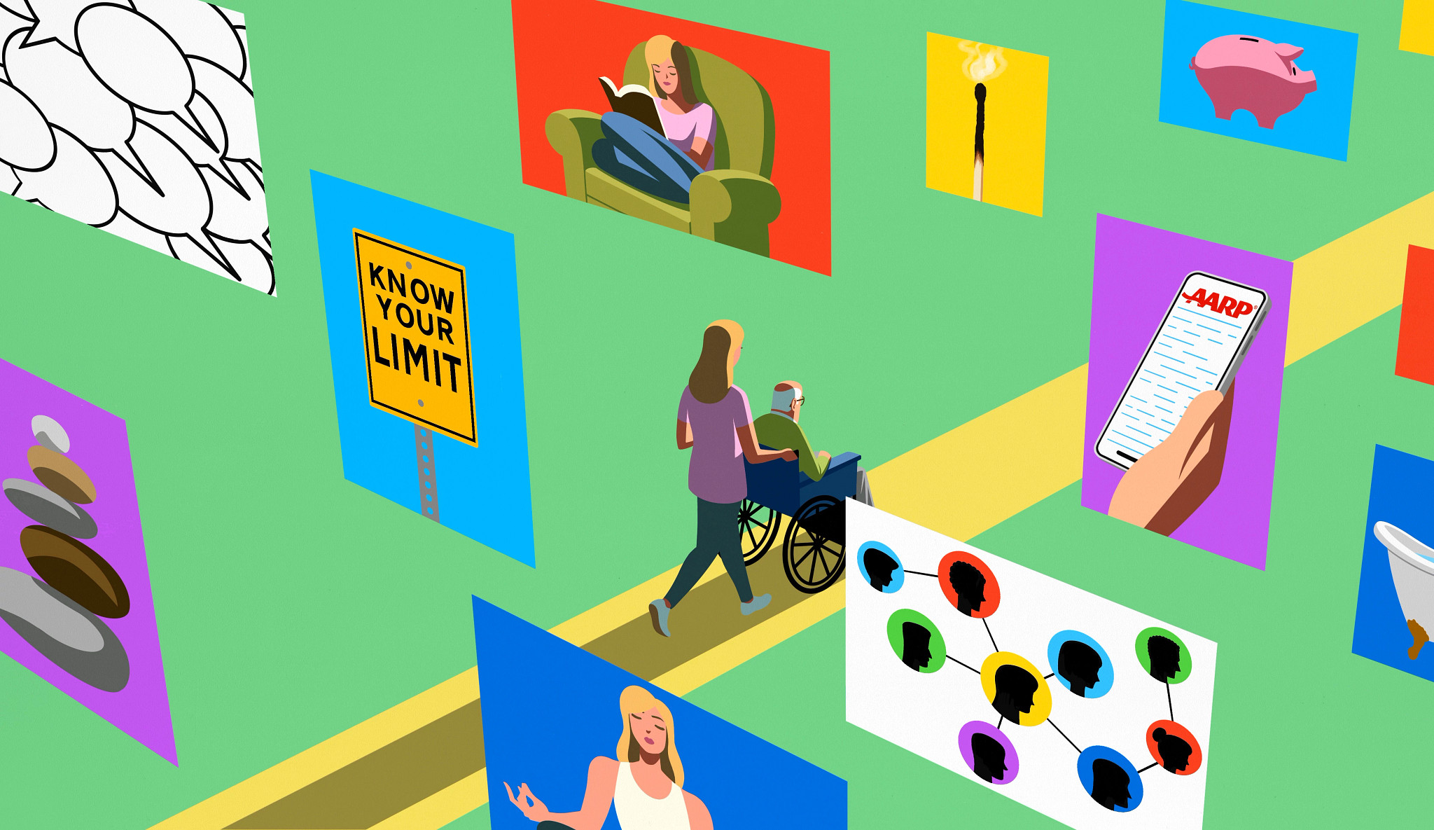 two people on a path with different caregiving icons around them