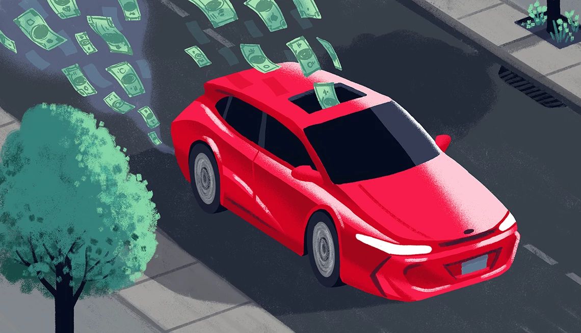 Ilustración de un auto del que sale dinero volando