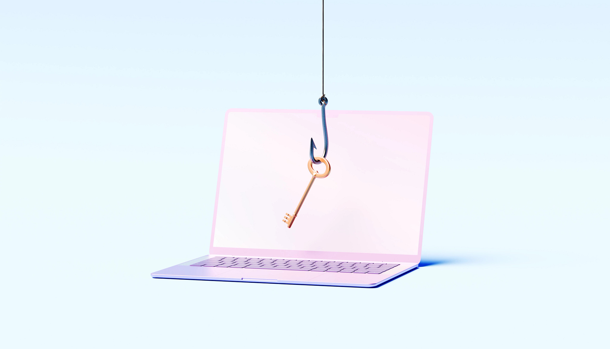 a metal fishhook suspending a silver key directly in front of an open laptop, symbolizing online scams and phishing attacks