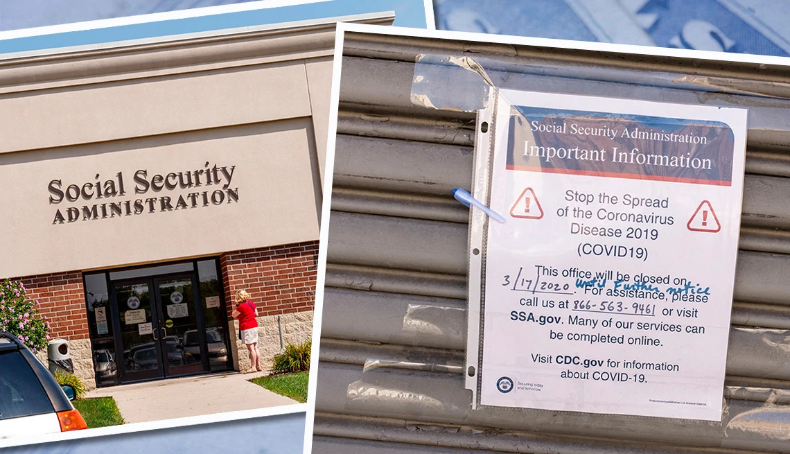a woman stands outside an ssa office and a photo shows the closure announcement of an ssa office