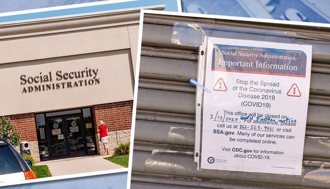 social securtiy in the age of covid-19 a woman stands outside an ssa office and a photo shows the closure announcement of an ssa office