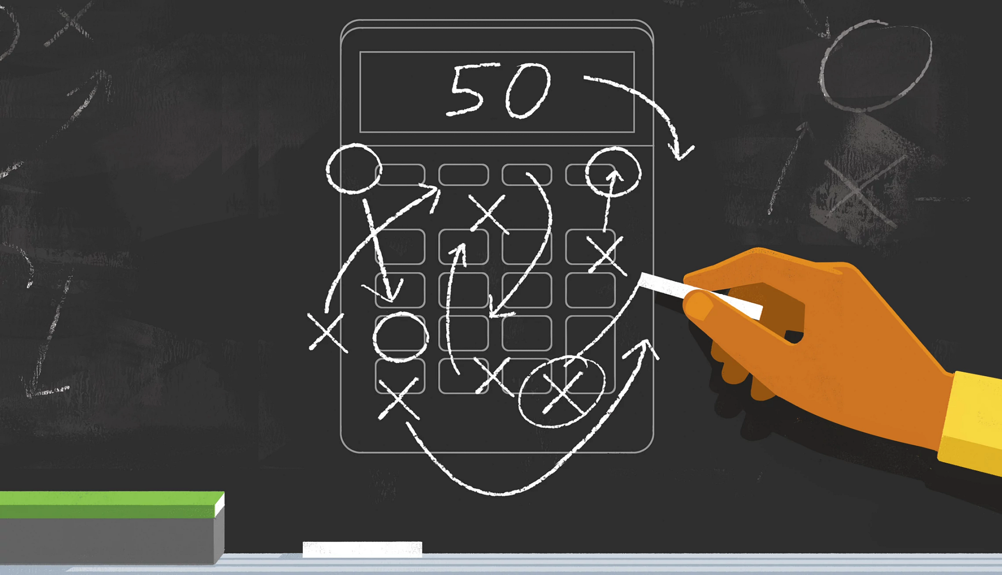 Financial Moves to Make in Your 50s a hand writes letters and arrows on a calculator, as if drawing out a game plan