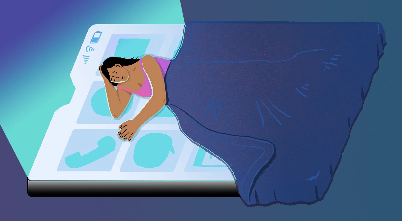 illustration of woman laying on bed that is formed of cell phone, awaiting love, love in midlife