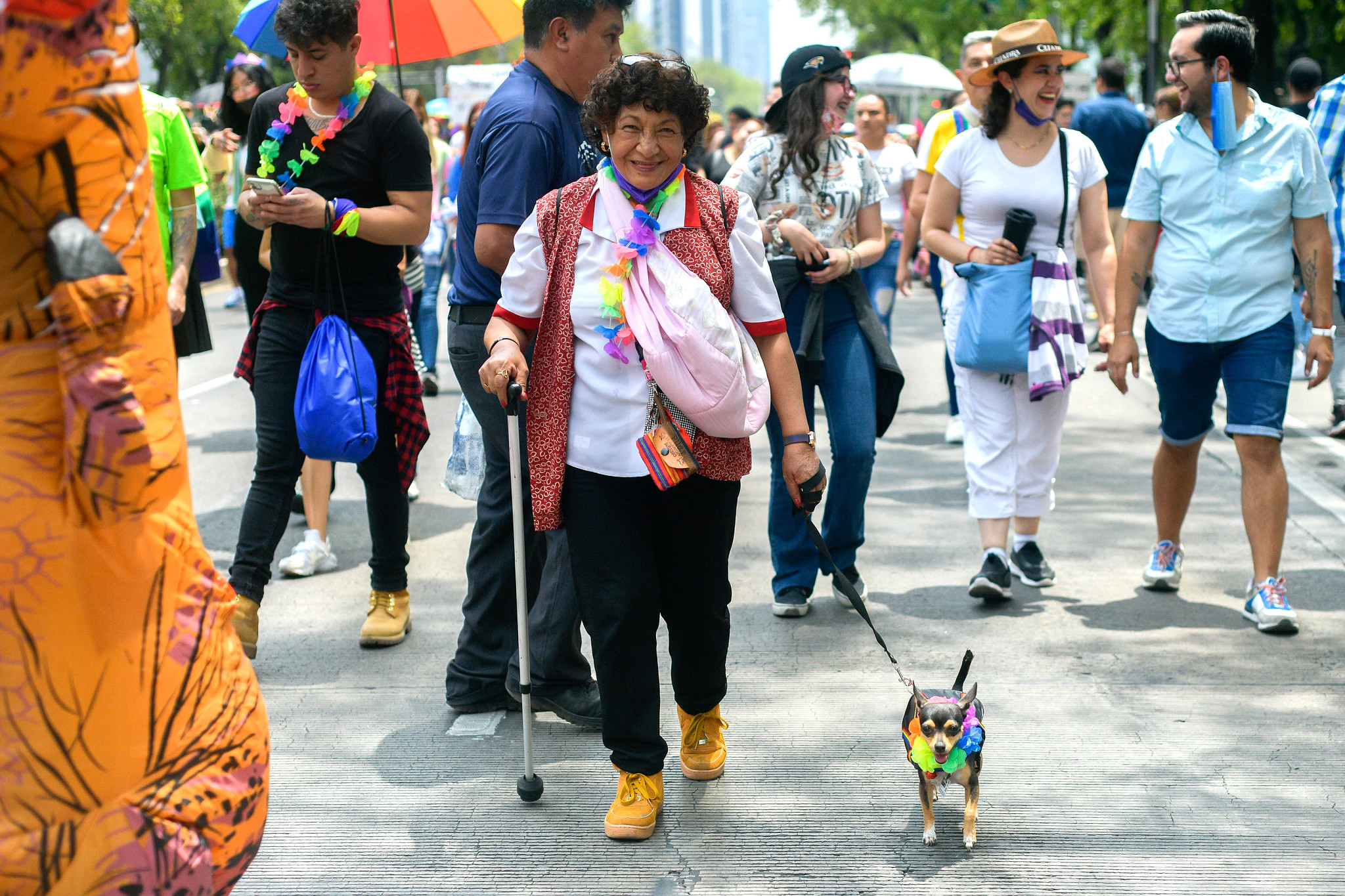 a woman, her dog and others celebrate Pride Month in Mexico City