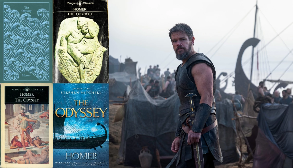 a collage with matt damon in a scene from the odyssey, alongside several book covers for the text