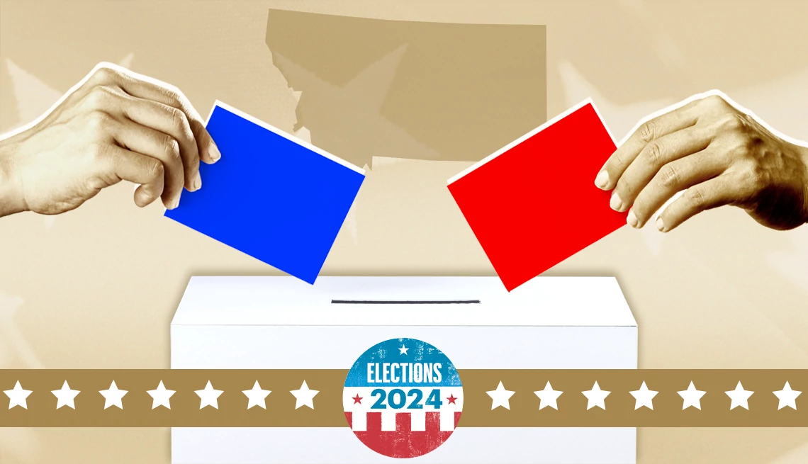Montana election poll two hands put a red and blue ballot into a box, with the outline of montana in the background