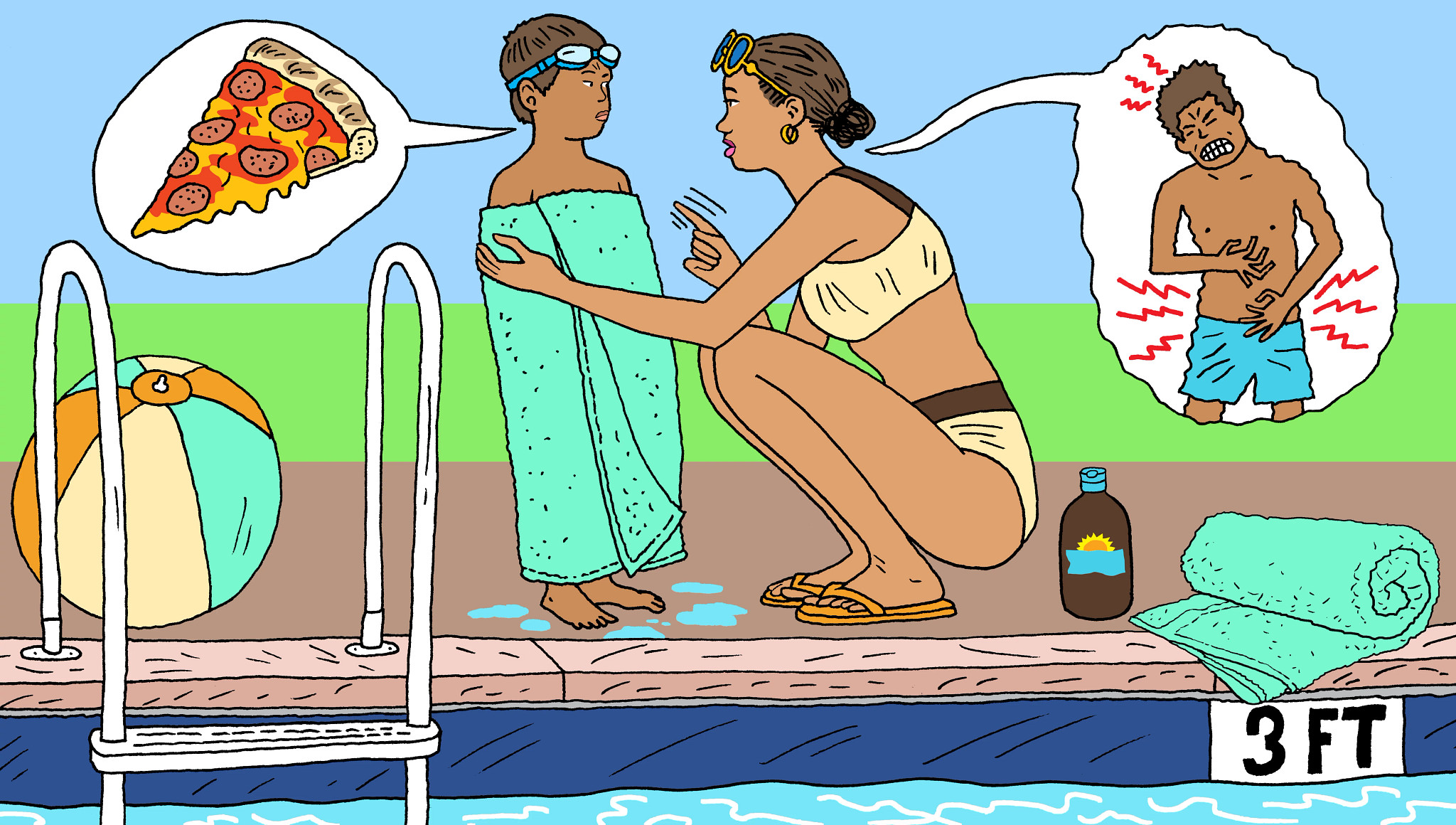 an illustration shows a mom crouched in front of her son, lecturing him on the edge of a swimming pool. A thought bubble from the boy shows pizza, a thought bubble from the mom shows the boy with a stomach ache