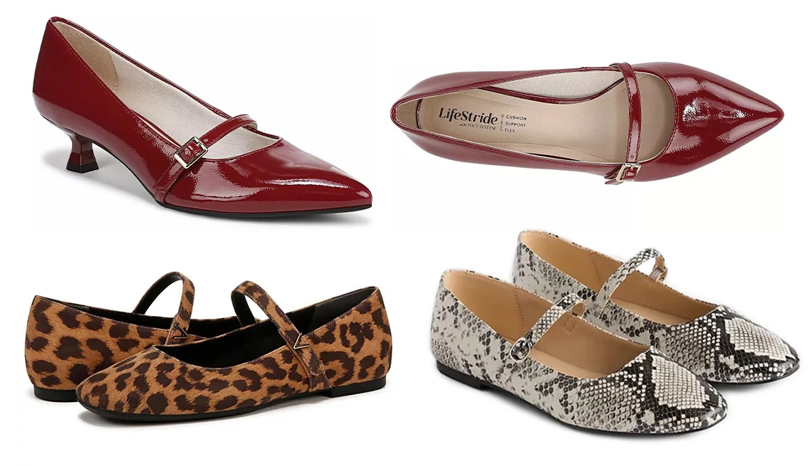 a collage showing four different styles of mary jane shoes