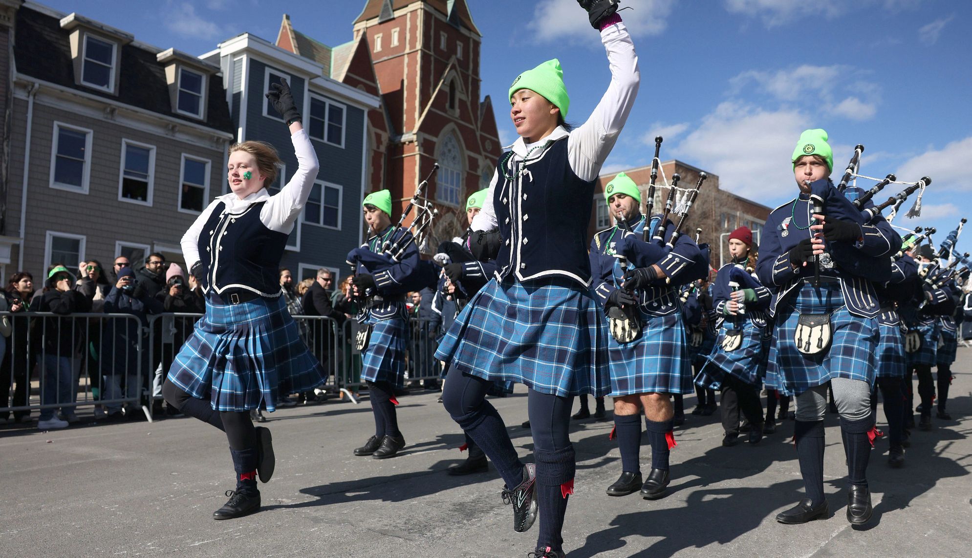 Members of the Berkeley Preparatory School Pipe and Drum Corps in Boston