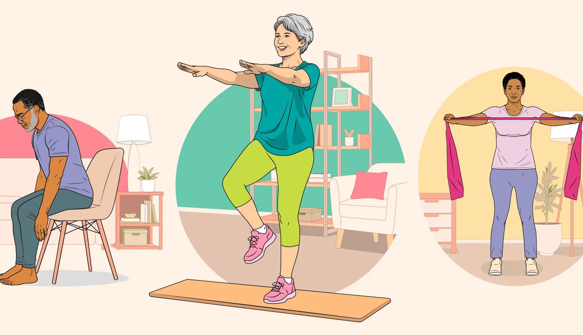 Illustration of three older adults demonstrating Pilates exercises: sitting upright in a chair, doing a standing march, and using a resistance band.
