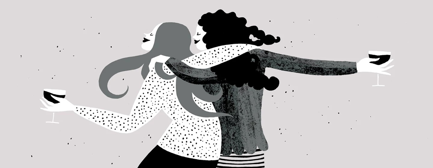 A drawing depicting two sister wives with their arms around one another, as they each hold a glass of wine.