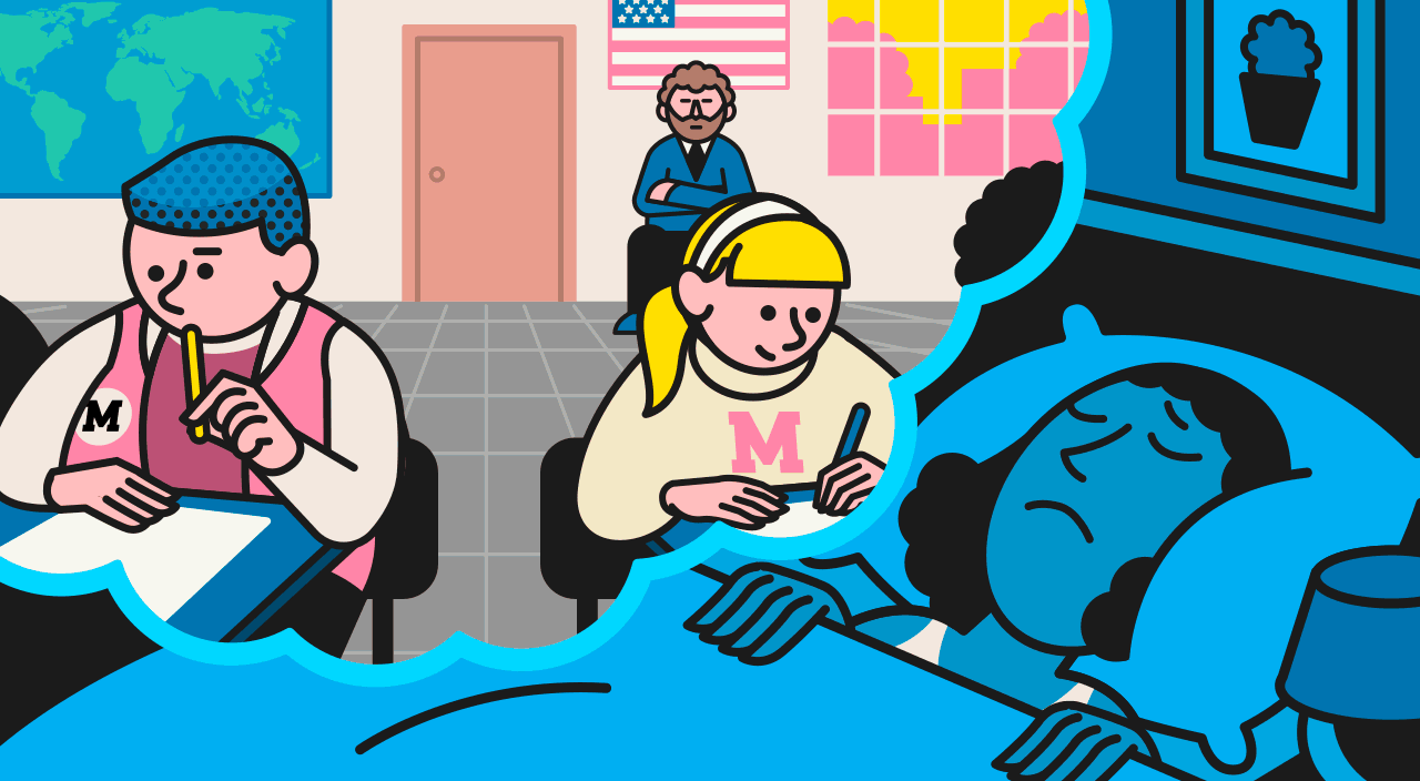 gif illustration of woman having a nightmare of final exams and waking up