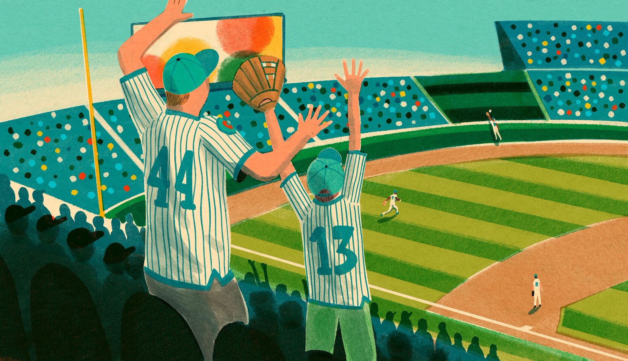 Learning to Love Baseball illustration of father and son at a baseball game