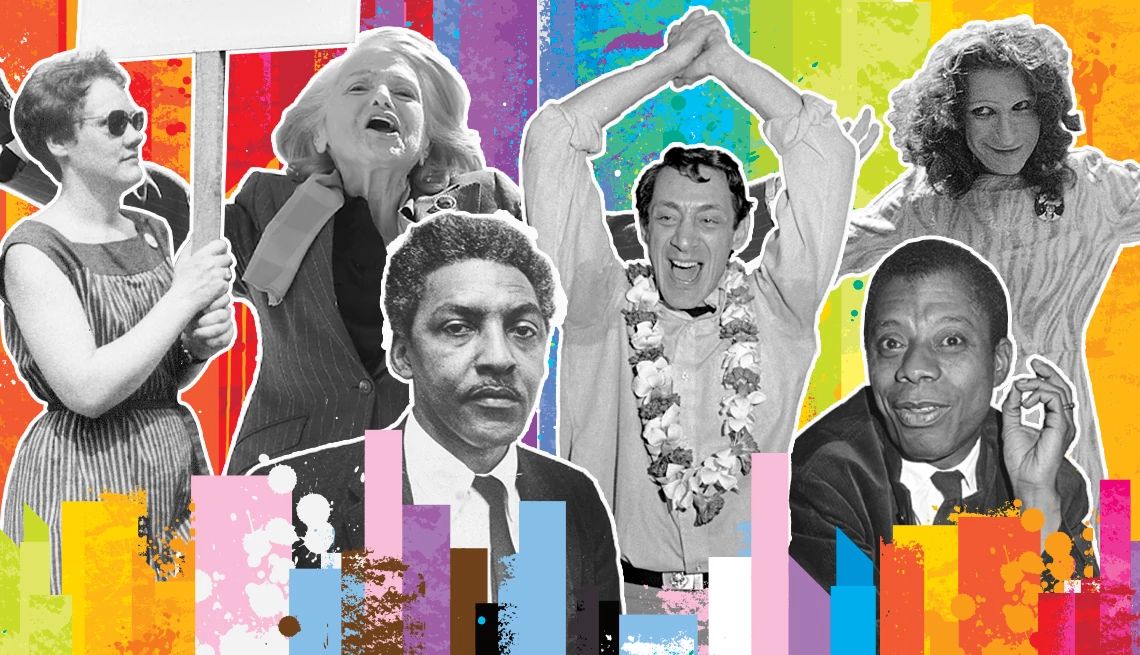 Imágenes en blanco y negro de Barbara Gittings, Edith Windsor, Bayard Rustin, Harvey Milk, Sylvia Rivera y James Baldwin sobre un fondo colorido.