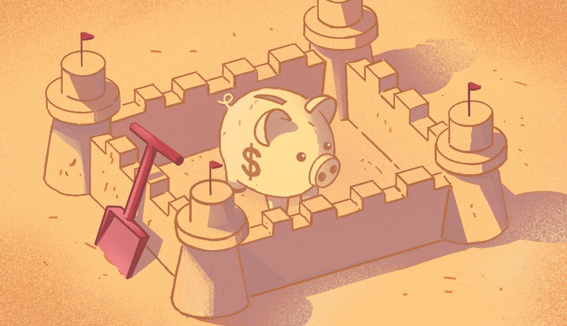 illustration of a four walled sand castle with a piggy bank in the middle