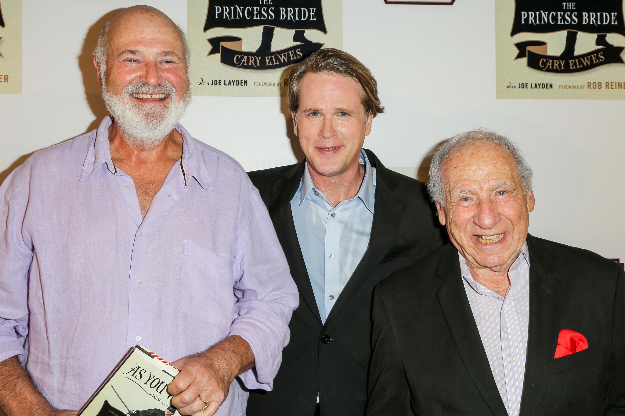 rob reiner cary elwes and mel brooks posing together in 2014