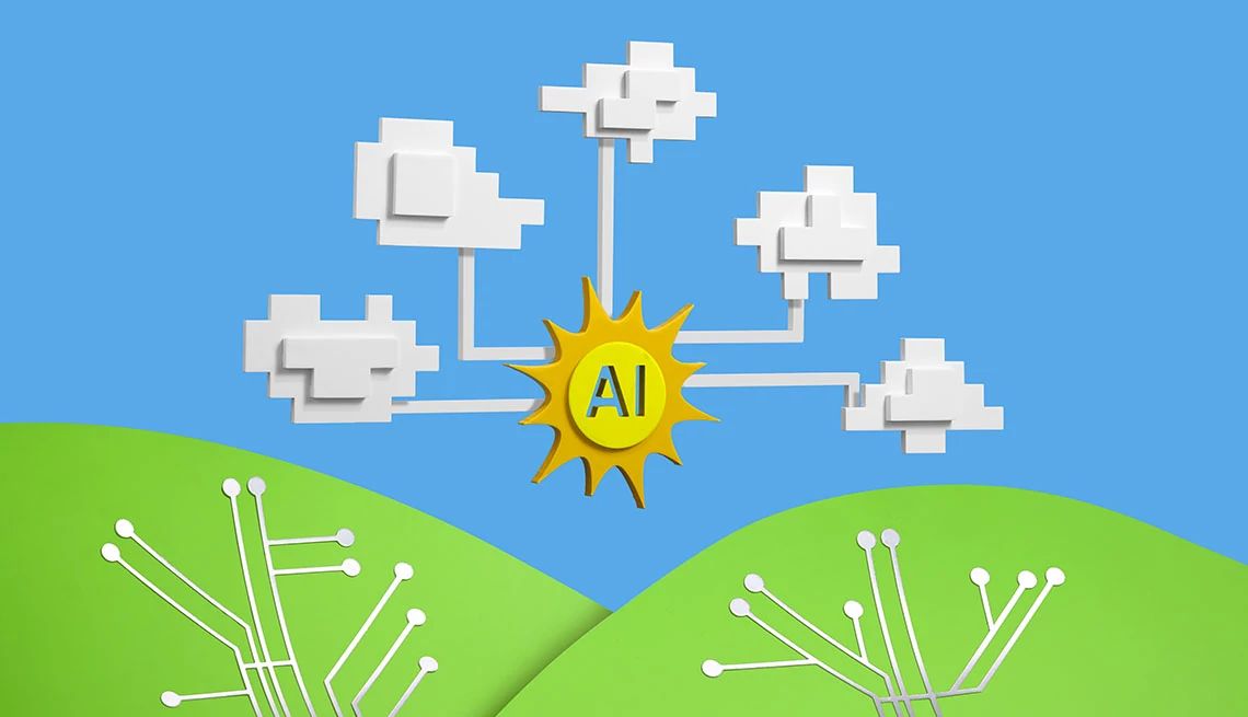 How to Make AI Work for You a graphic illustration shows a digitized, 8-bit style field with block cloud graphics linked to a sun with featuring an AI logo