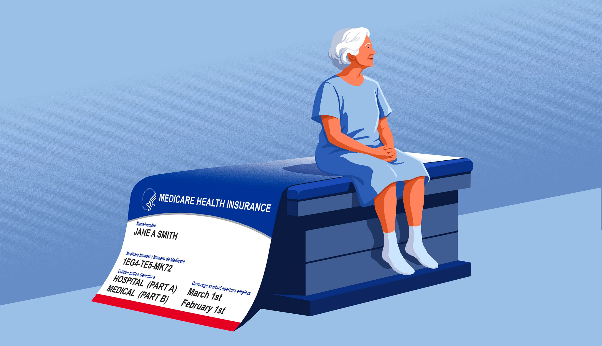 Illustration of an elderly woman with white hair sitting on a doctor's examination table that is styled like a giant Medicare Health Insurance card.