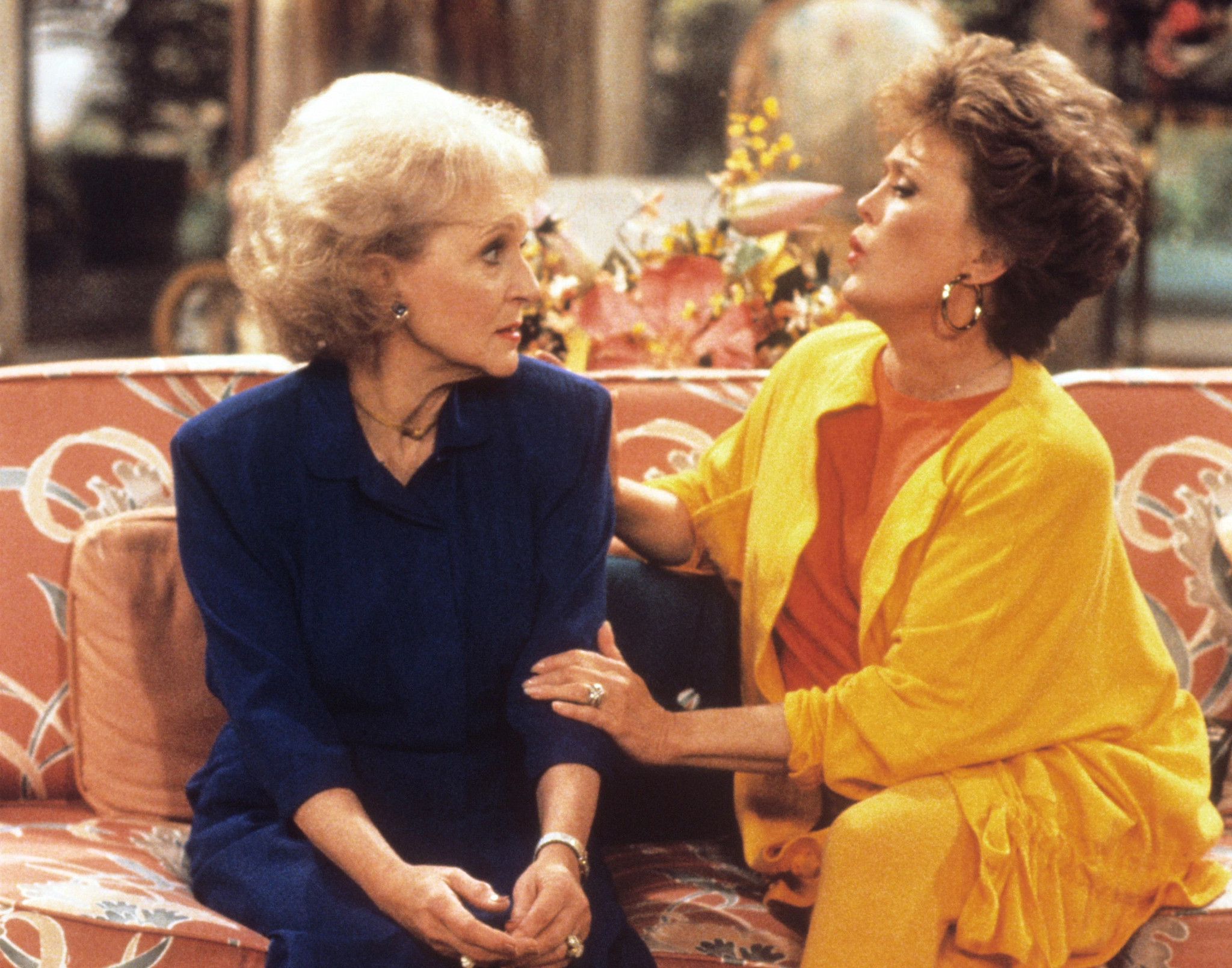 blanche and rose in a scene from the golden girls