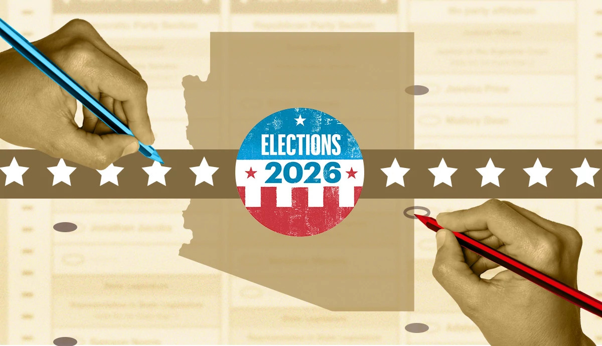 state of arizona with an election sticker and a red a blue pencil used for voting
