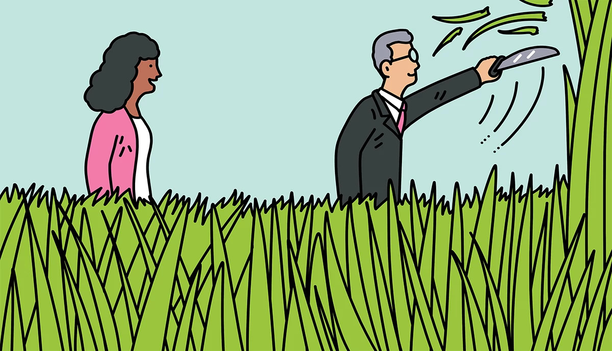 a woman stands behind a man, representing an insurance broker, as he cuts through tall grass 