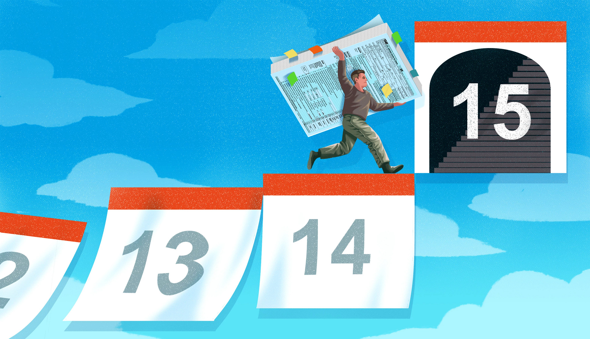 a person carrying a stack of tax forms runs over a giant calendar, running toward the april 15 tax deadline