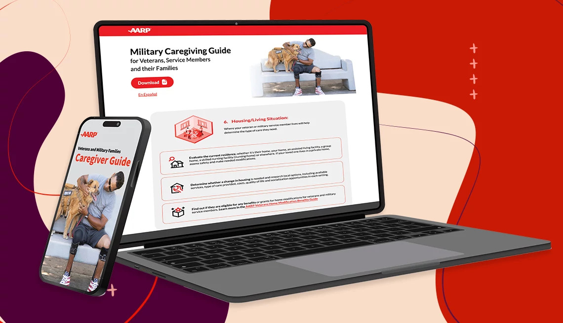 a collage showing the  a a r p military caregiving guide on a laptop screen and a smartphone