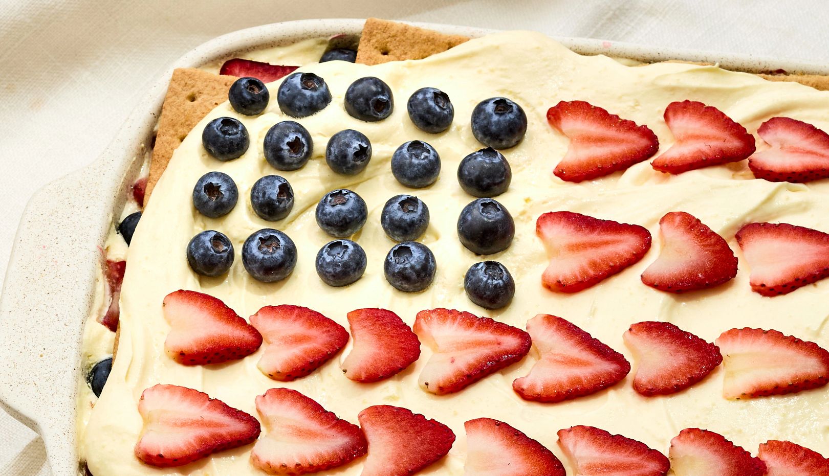 Fourth of July Ice Box Cake A Fourth of July Ice Box Cake is pictured in a shallow casserole dish.