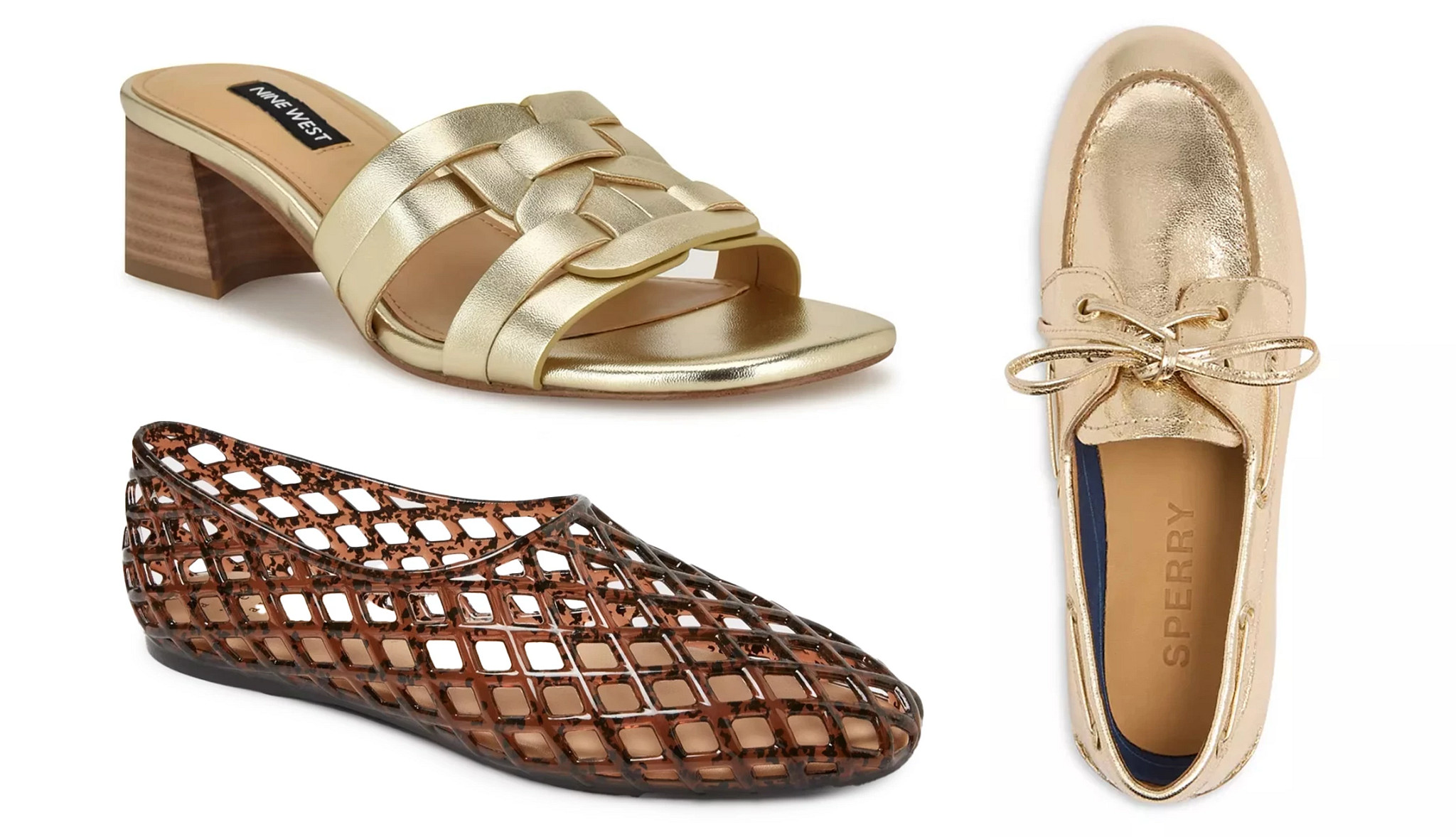 a collage with three different styles of womens summer shoes with flashy colors and details