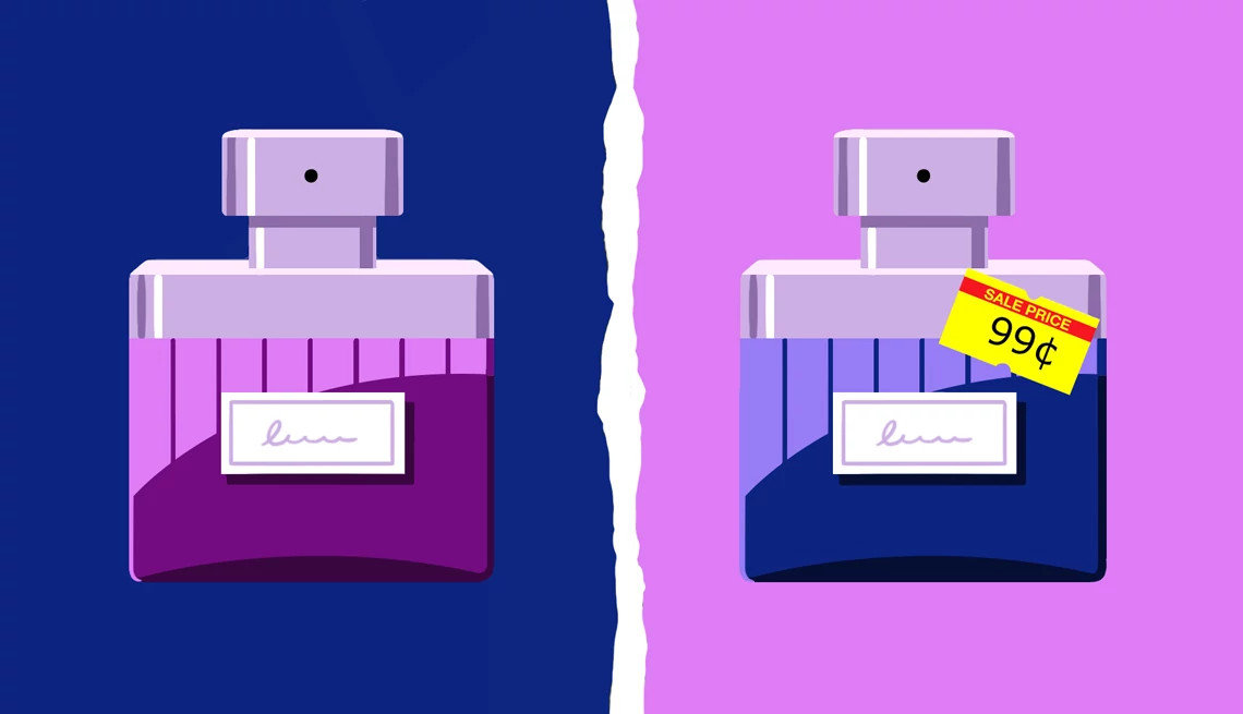 Two nearly identical purple and blue perfume bottles. One has a ninety-nine cent sale tag on it.