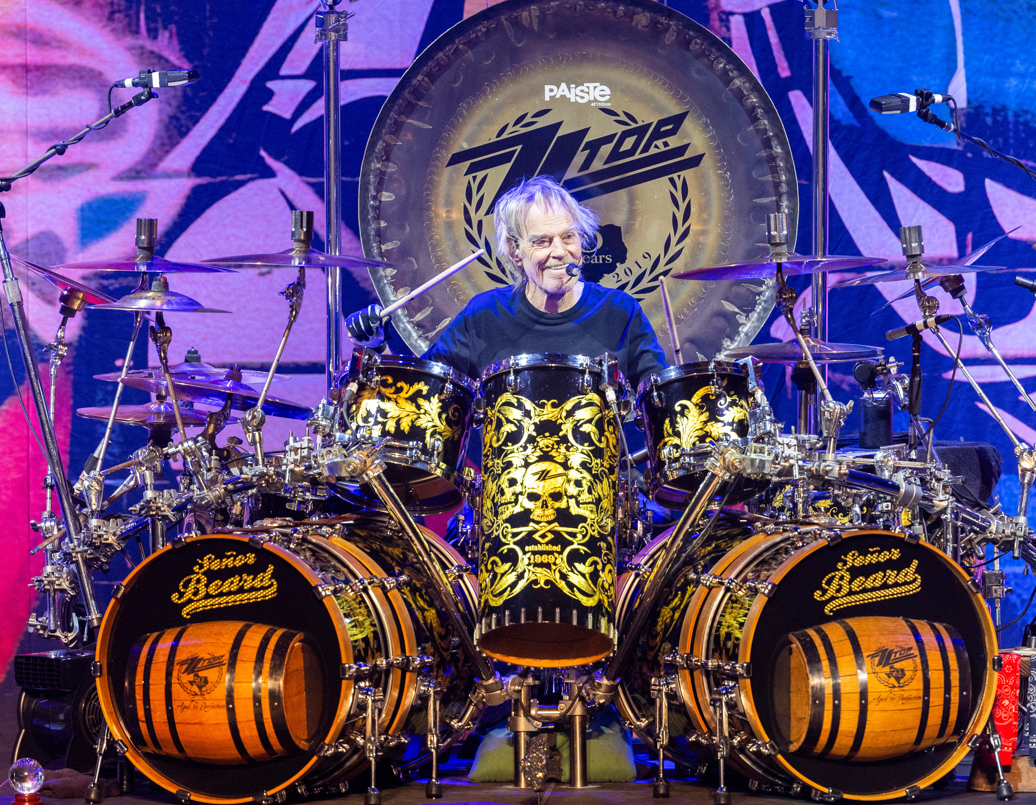 frank beard of zz top behind his drum set