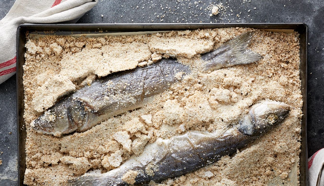 Mark Bittman’s Salt-Baked Whole Fish fish on a pan