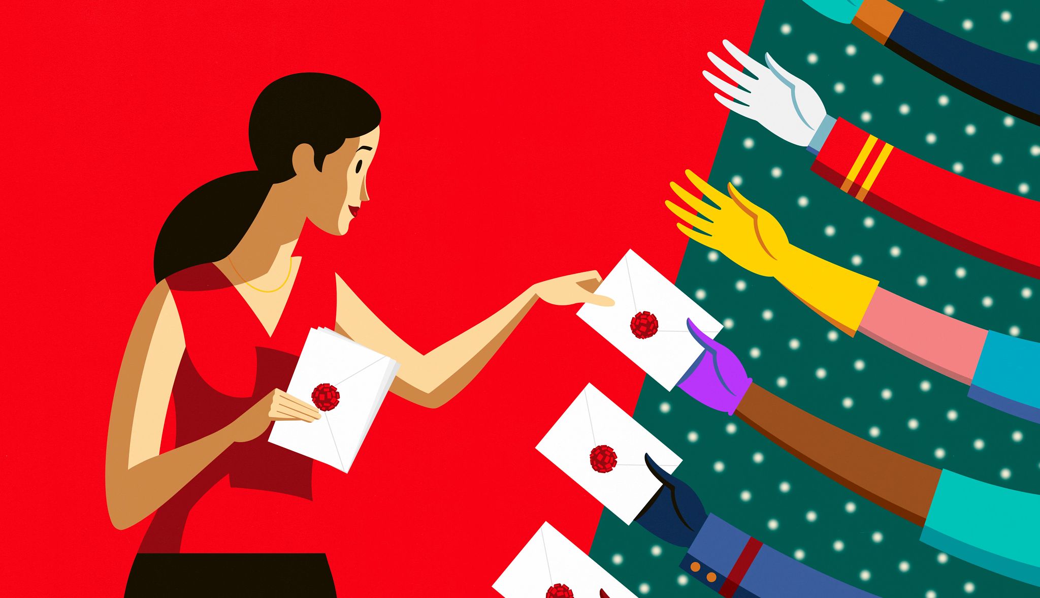 How much to tip for the holidays a person hands out envelopes to open hands on a red and green background