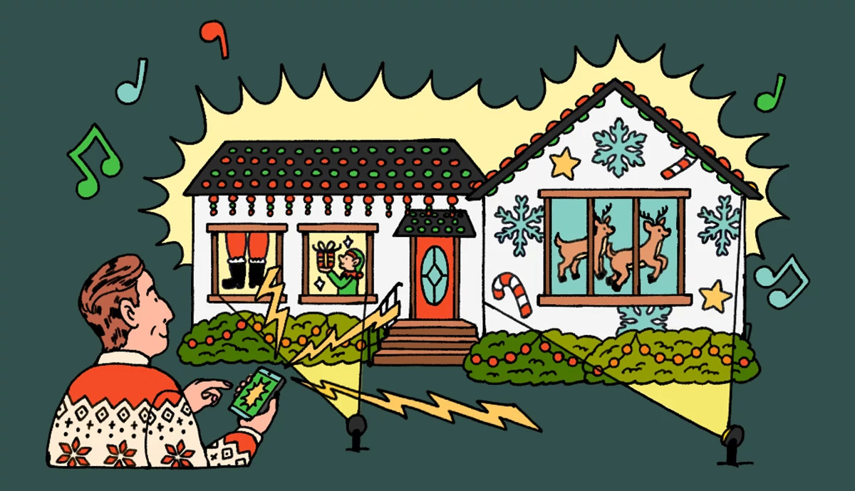 A gif shows a man in a holiday sweater using a smartphone to control Christmas-themed light projections
