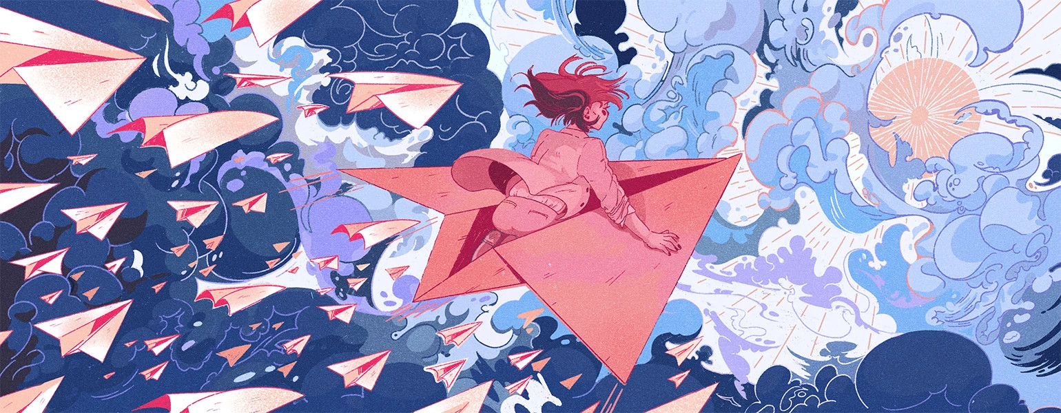 Illustration of woman flying on paper airplane